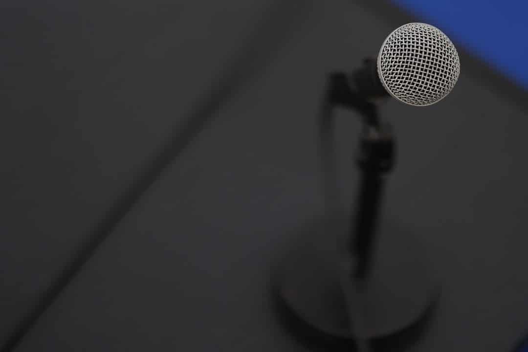 Silver mesh microphone standing ready on a black stand.